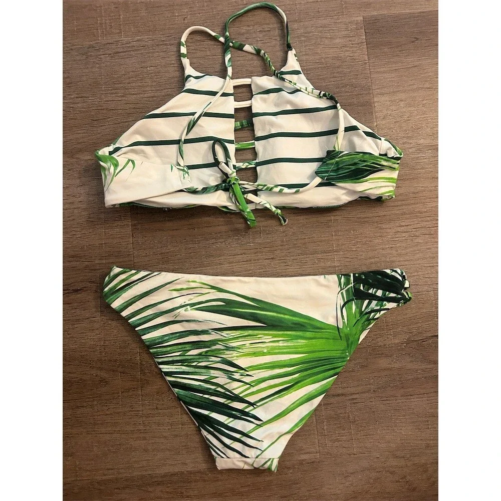 Bikini Set Womens Size M Green Reversible Tropical Leaf